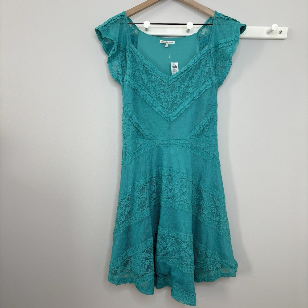 Charlotte Russe Y2K Teal Lace Mini Dress Fairy Boho Medium Dainty Retro‎ Flowy